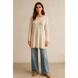 Anthropologie‎ Knitted & Knotted Lace Hem Pointelle Tunic Sweater Cream Small